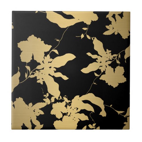 Elegant Gold Floral Pattern Black Ceramic Tile