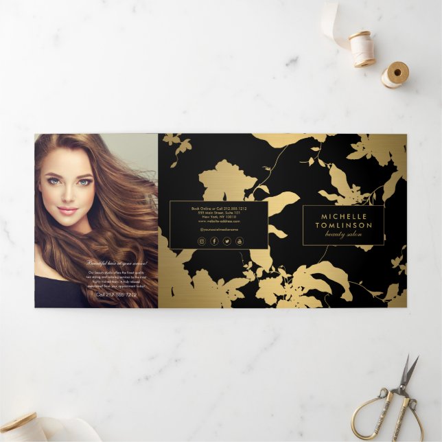 Elegant Gold Floral Pattern Black Salon Brochure (Outside)