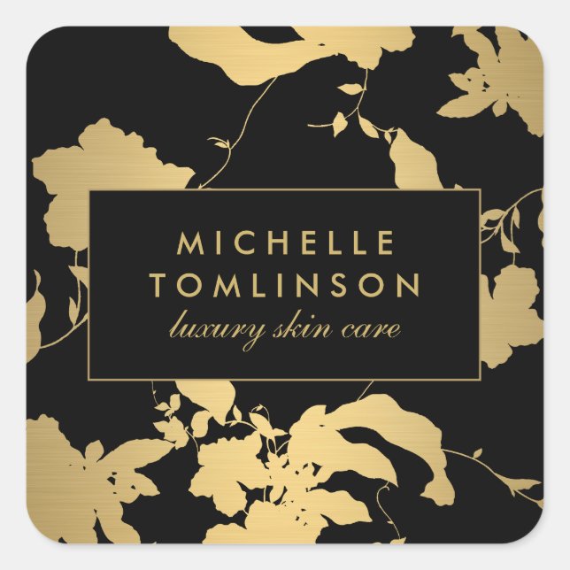 Elegant Gold Floral Pattern Black Square Sticker (Front)