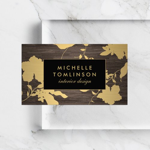 Elegant Gold Floral Pattern Dark Wood Designer Business Card