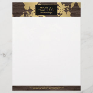 Elegant Gold Floral Pattern Dark Wood Designer Letterhead