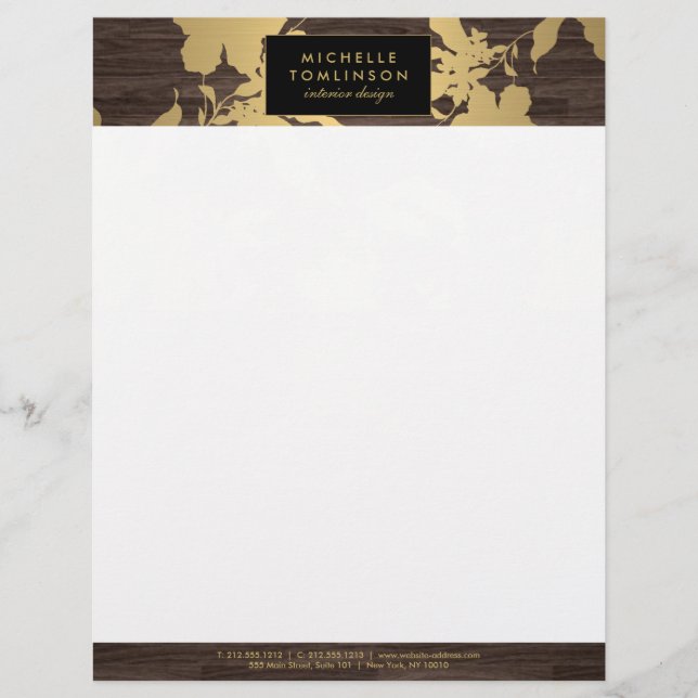 Elegant Gold Floral Pattern Dark Wood Designer Letterhead (Front)