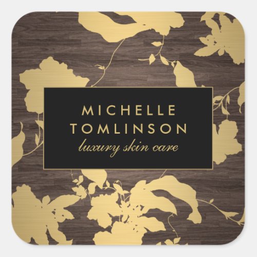 Elegant Gold Floral Pattern Dark Wood Square Sticker