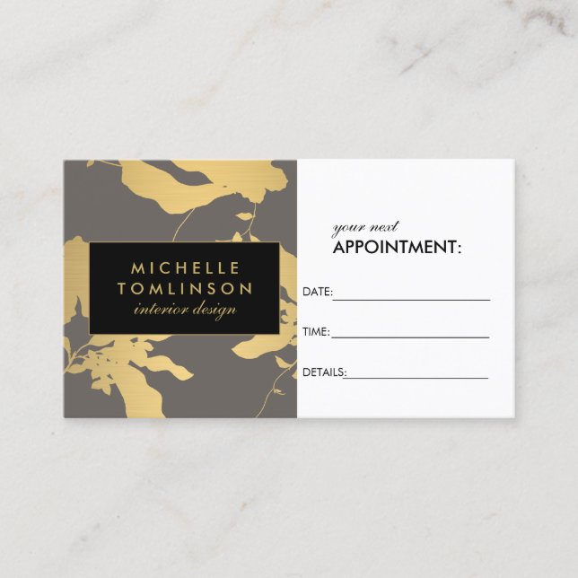 Elegant Gold Floral Pattern Gray Appointment Card (Front)
