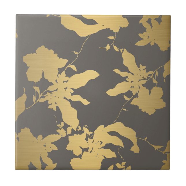 Elegant Gold Floral Pattern Gray Ceramic Tile (Front)
