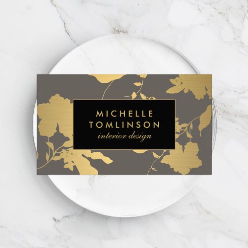 Elegant Gold Floral Pattern Gray Designer Business Card