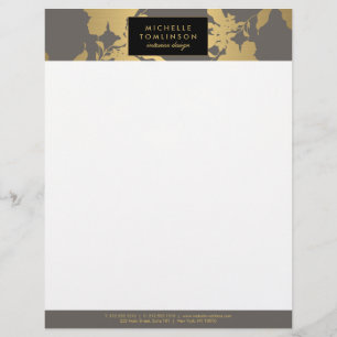 Elegant Gold Floral Pattern Gray Designer Letterhead