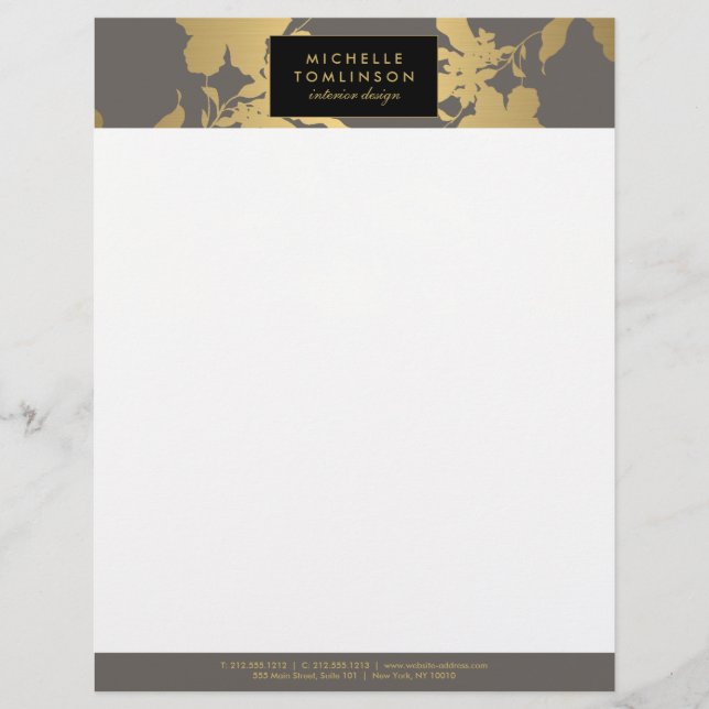 Elegant Gold Floral Pattern Gray Designer Letterhead (Front)