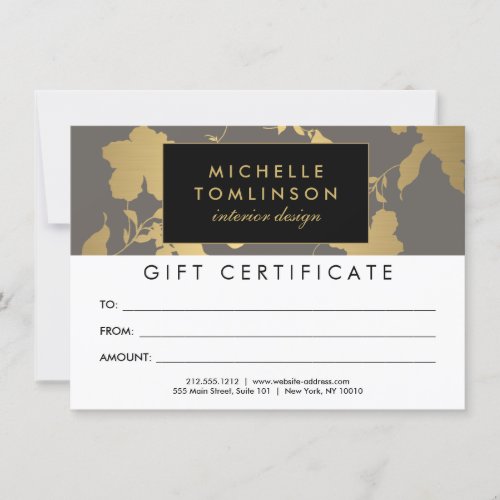 Elegant Gold Floral Pattern Gray Gift Certificate