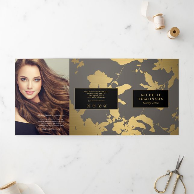 Elegant Gold Floral Pattern Gray Salon Brochure (Outside)