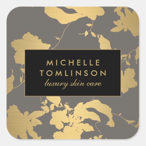 Elegant Gold Floral Pattern Gray Square Sticker