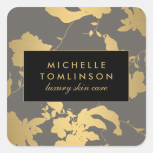 Elegant Gold Floral Pattern Gray Square Sticker