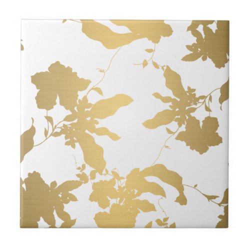 Elegant Gold Floral Pattern White Ceramic Tile