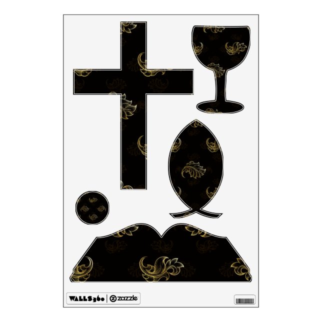 Elegant gold floral patterns on a black background wall decal (Front)