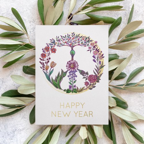 Elegant Gold Floral Peace Sign Customized New Year Foil Holiday Card