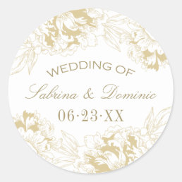Elegant Gold Floral Peony Wedding Monogram Classic Round Sticker
