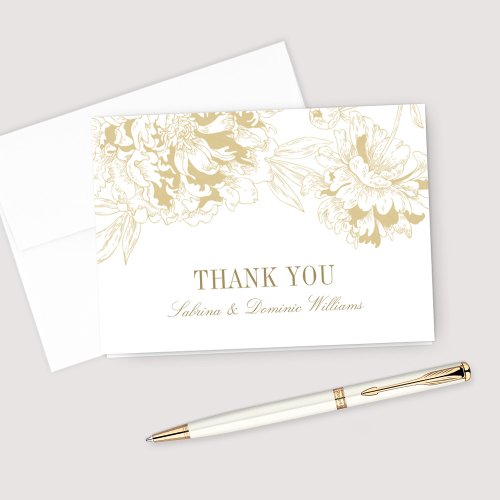 Elegant Gold Floral Peony Wedding Monogram Thank You Card