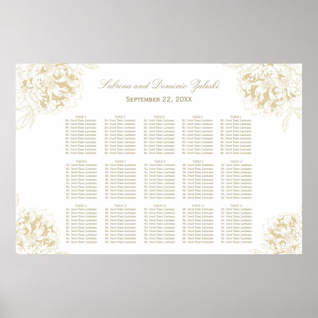 Elegant Gold Floral Peony Wedding Seating Poster (Front)