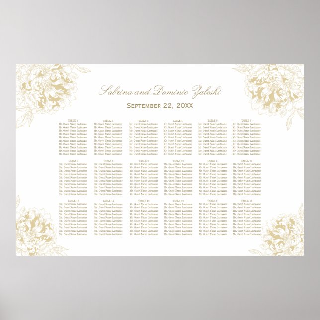 Elegant Gold Floral Peony Wedding Seating Poster