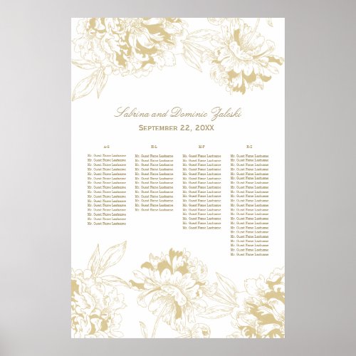 Elegant Gold Floral Peony Wedding Seating Poster
