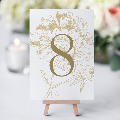 Elegant Gold Floral Peony Wedding Table Number