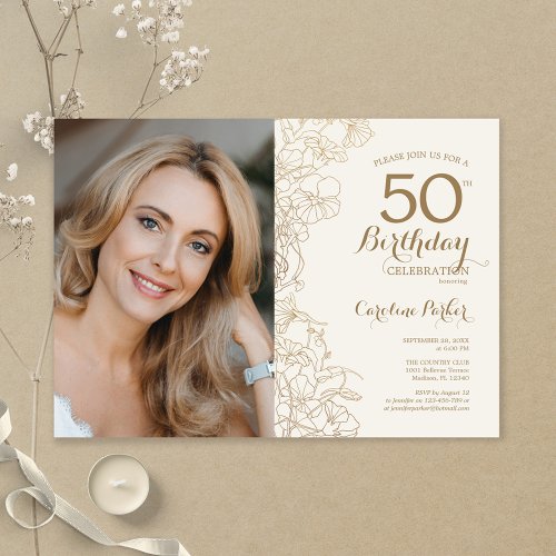 Elegant Gold Floral Photo 50th Birthday Invitation