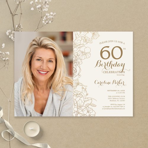 Elegant Gold Floral Photo 60th Birthday Invitation