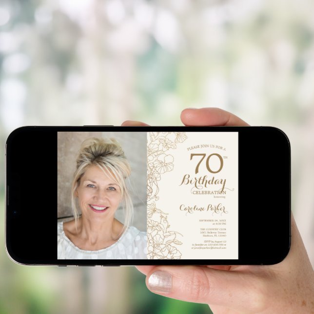 Elegant Gold Floral Photo 70th Birthday Invitation (Front Digital)