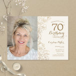 Elegant Gold Floral Photo 70th Birthday Invitation<br><div class="desc">Gold and cream floral 70th birthday party invitation with your photo on the front of the card. Minimalist modern design featuring botanical outline drawings accents, faux gold foil and typography script font. Simple trendy invite card perfect for a stylish female bday celebration. Can be customized to any age. Printed Zazzle...</div>
