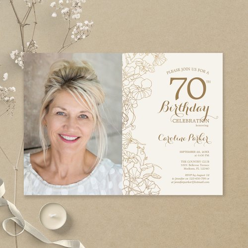 Elegant Gold Floral Photo 70th Birthday Invitation