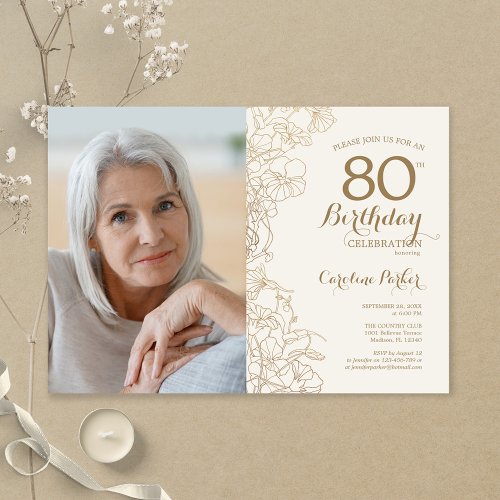 Elegant Gold Floral Photo 80th Birthday Invitation