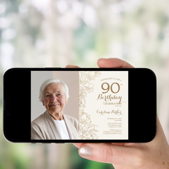 Elegant Gold Floral Photo 90th Birthday Invitation (Front Digital)