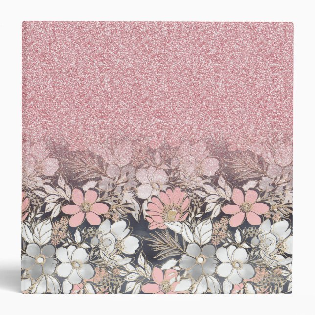 Elegant Gold floral pink Gradient Glitter Image 3 Ring Binder (Front)