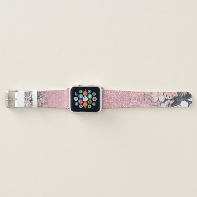 Elegant Gold floral pink Gradient Glitter Image Apple Watch Band (Front)