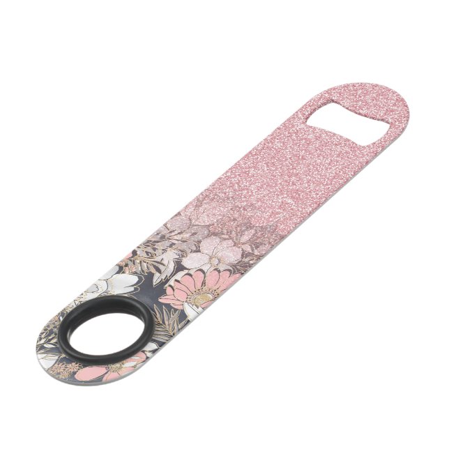 Elegant Gold floral pink Gradient Glitter Image Bar Key (Front Angled)