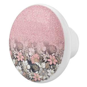 Elegant Gold floral pink Gradient Glitter Image Ceramic Knob