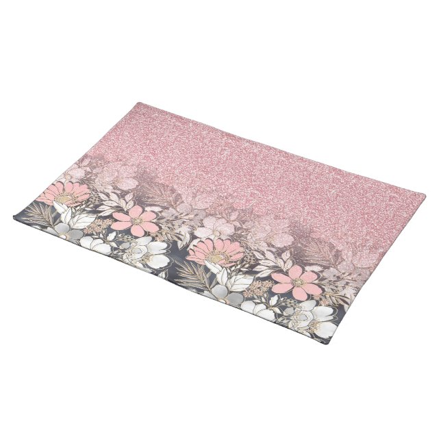 Elegant Gold floral pink Gradient Glitter Image Cloth Placemat (On Table)