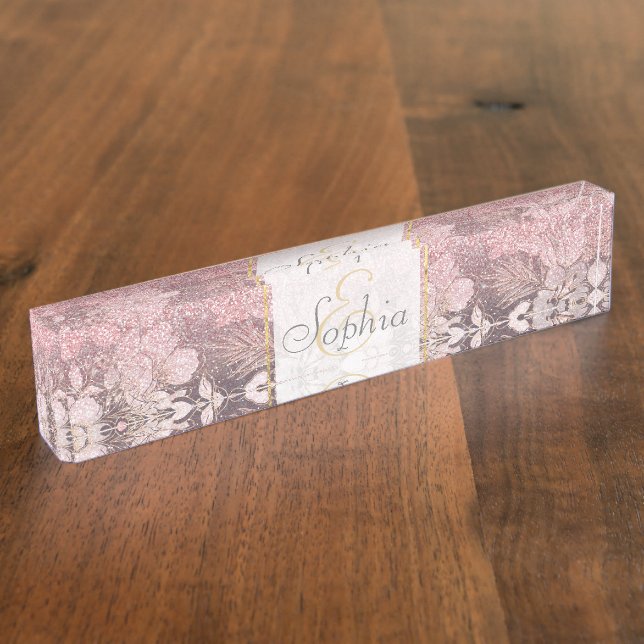 Elegant Gold floral pink Gradient Glitter Image Desk Name Plate (Side)