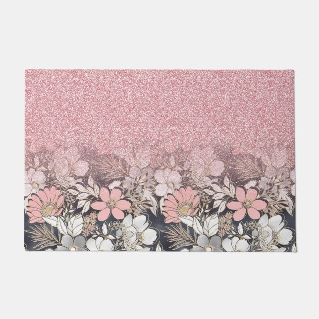 Elegant Gold floral pink Gradient Glitter Image Doormat (Front)