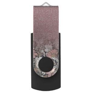 Elegant Gold floral pink Gradient Glitter Image Flash Drive