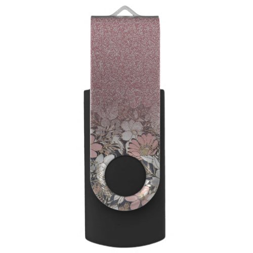 Elegant Gold floral pink Gradient Glitter Image Flash Drive