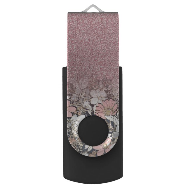 Elegant Gold floral pink Gradient Glitter Image Flash Drive (Front Vertical)