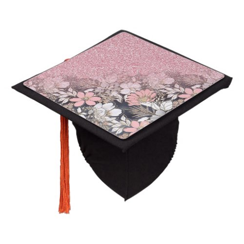 Elegant Gold floral pink Gradient Glitter Image Graduation Cap Topper