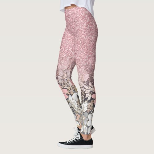 Elegant Gold floral pink Gradient Glitter Image Leggings