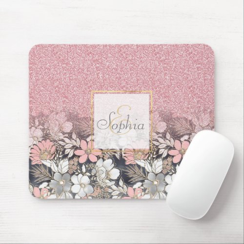 Elegant Gold floral pink Gradient Glitter Image Mouse Pad
