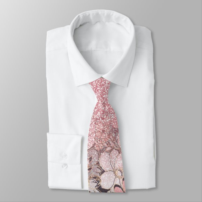 Elegant Gold floral pink Gradient Glitter Image Neck Tie (Tied)