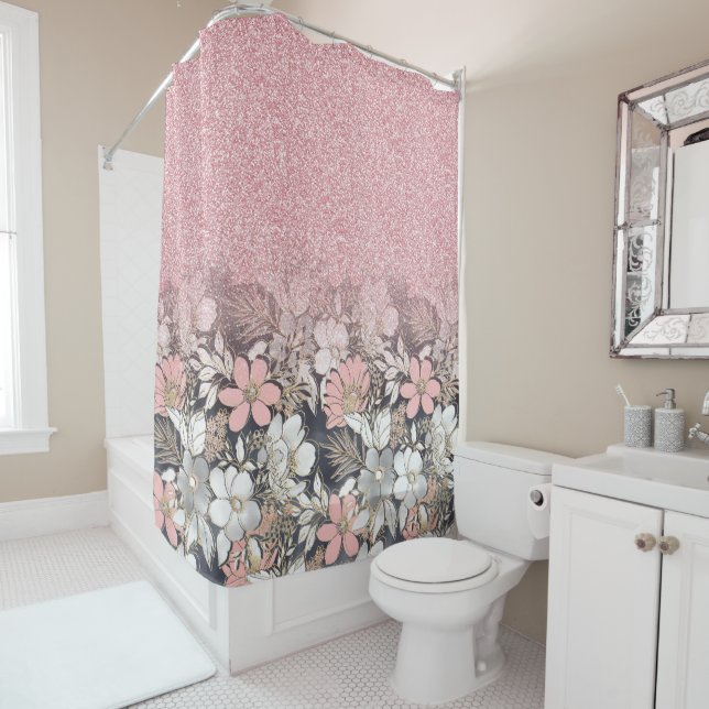 Elegant Gold floral pink Gradient Glitter Image Shower Curtain (In Situ)