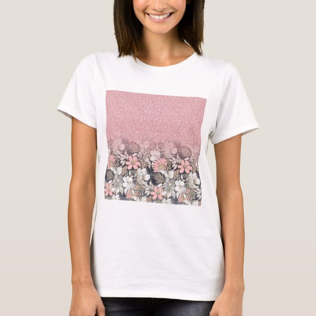 Elegant Gold floral pink Gradient Glitter Image T-Shirt (Front)
