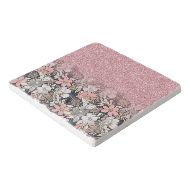 Elegant Gold floral pink Gradient Glitter Image Trivet (Corner)