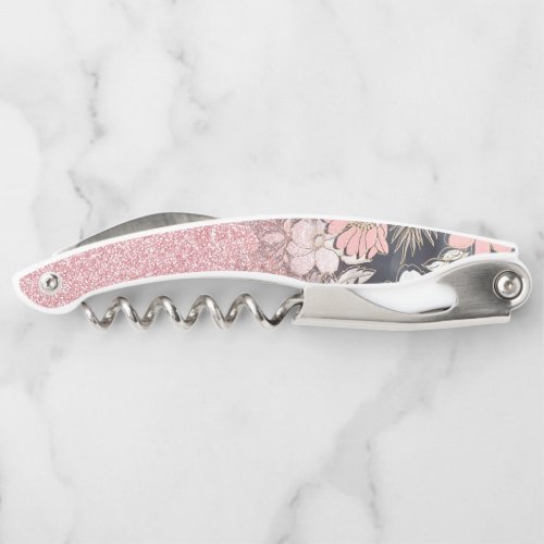 Elegant Gold floral pink Gradient Glitter Image Waiters Corkscrew